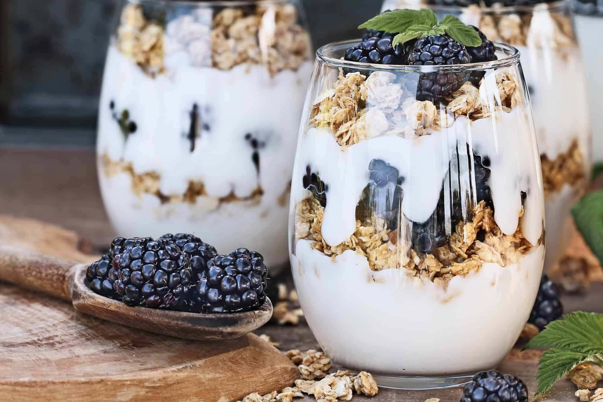 High Protein Low Calorie Meals – Greek Yogurt Parfait Glass filled with Greek yogurt, granola, and blackberries for a high protein vegetarian meals