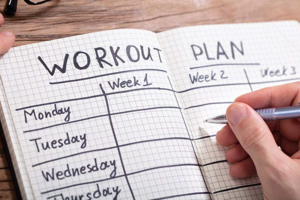 A notebook with weekly sections for a workout plan - how to get motivated to start working out