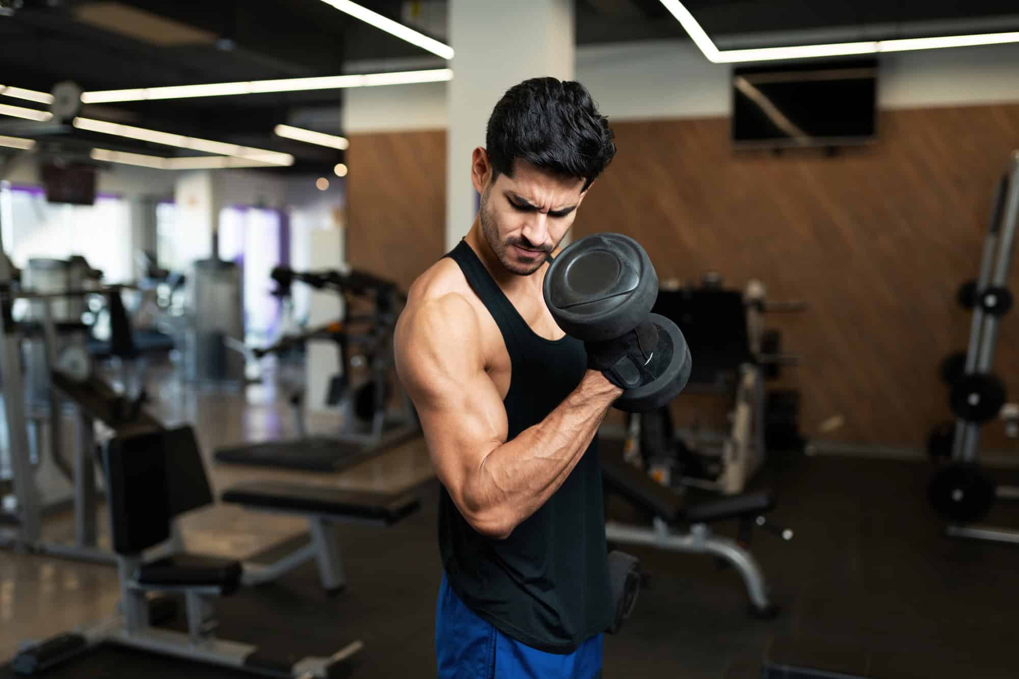 Gym Arm Workout – Dumbbell Biceps Curl for Isolation Man curling a dumbbell to target the biceps during a gym arm workout