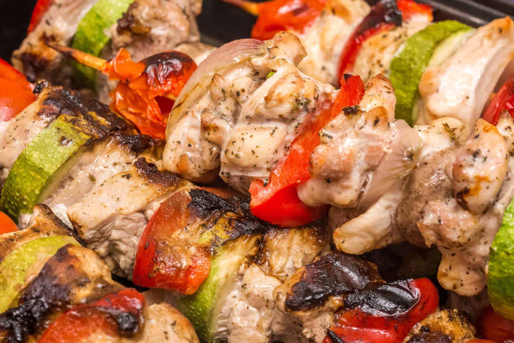 Close-up of grilled chicken and vegetable skewers ideal for high protein low calorie meal prep