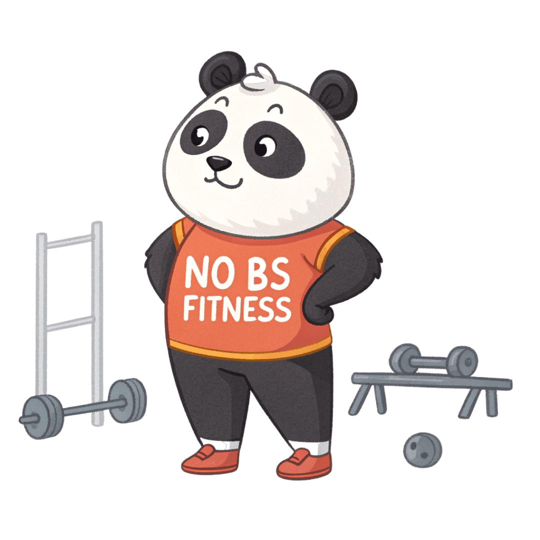 Untitled design (12) A panda in the gym wearing a t-shirt that has NO BS FITNESS written on it